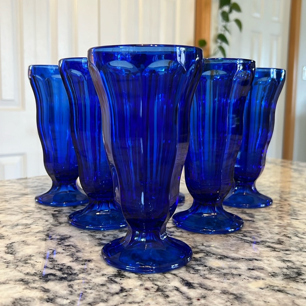 Set of 6 Cobalt Anchor Hocking Fountain Soda Parfait Sundae Glasses